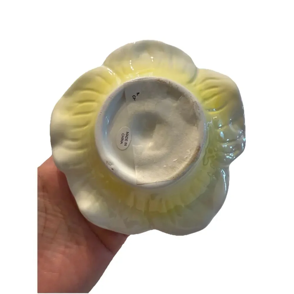 Ceramic Decorative Basket Floral Bunny Handle White Yellow Glossy China 5”